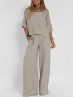 Cotton Linen Two-Piece Pants Suit Cropped Sleeve Wide Leg Casual Set
