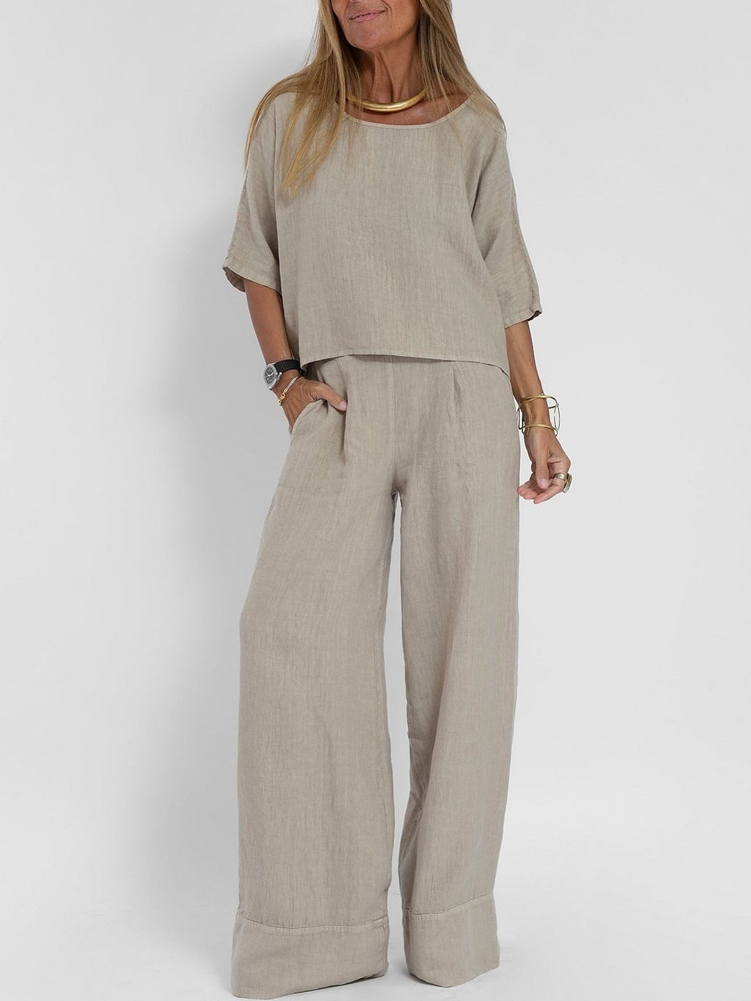 Cotton Linen Two-Piece Pants Suit Cropped Sleeve Wide Leg Casual Set