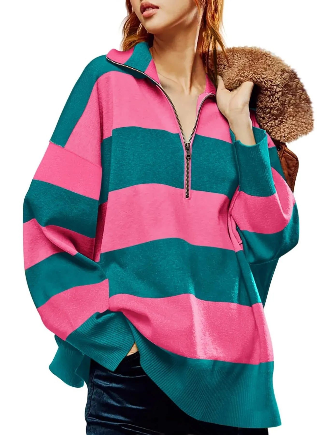 Sarah Express Women's Striped Half-Zip Oversized Sweatshirt - Retro Color Block Pullover Rose Red