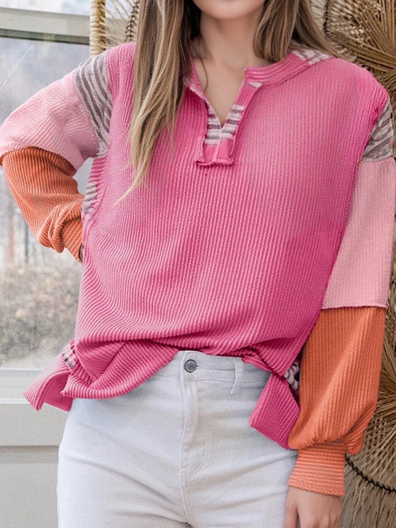 Sarah Express Women's Corded Texture Plaid Color Block Patchwork Split Neck Long Sleeve Top Hot Pink