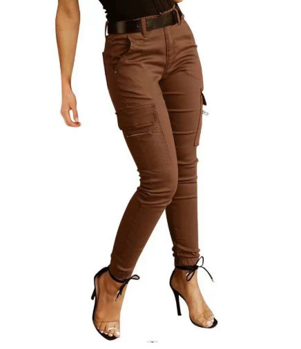 Women's Low Waist Cotton Blend Cargo Overalls Loose Fit Button Detail Trousers