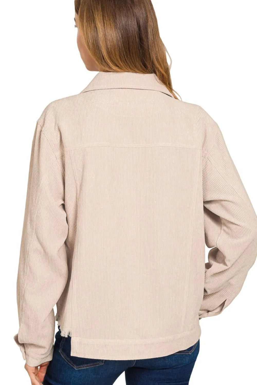 Sarah Express Women’s Cropped Corduroy Jacket with Distressed Frayed Hem