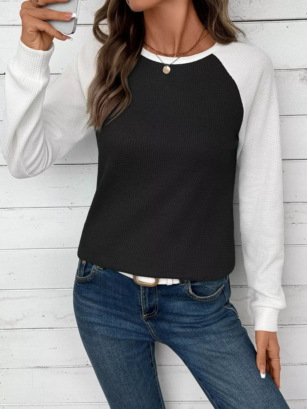 Sarah Express Women's Contrast Raglan Sleeve Waffle Knit T-Shirt