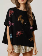 Sarah Express Women's Sequin Tiger Round Neck T-Shirt