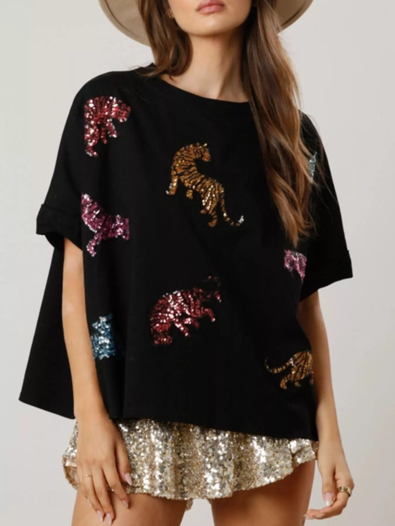 Sarah Express Women's Sequin Tiger Round Neck T-Shirt