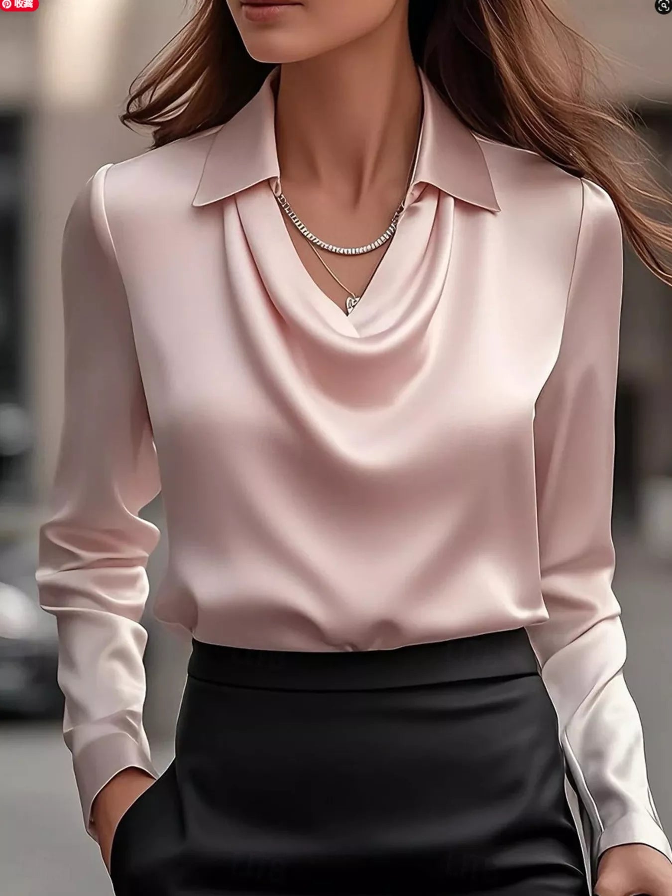 Sarah Express Women's Ruched Long Sleeve Drape Collar Blouse Pink
