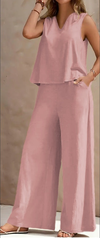 V Neck Tank Top Wide Leg Pants Set with Pockets Sleeveless 2 Piece