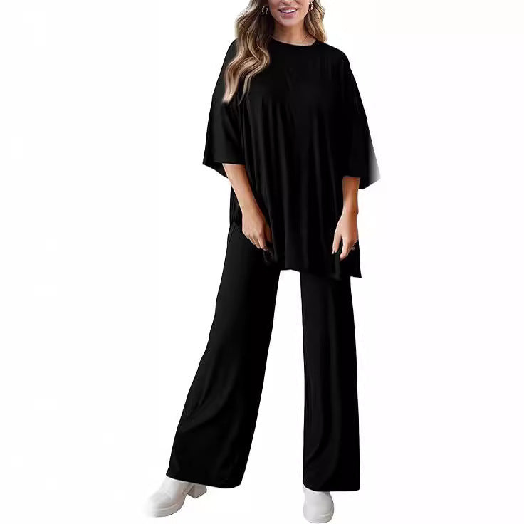 Two Piece Pullover Top Wide Leg Pants Set Polyester