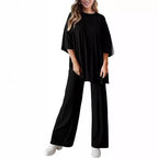 Two Piece Pullover Top Wide Leg Pants Set Polyester