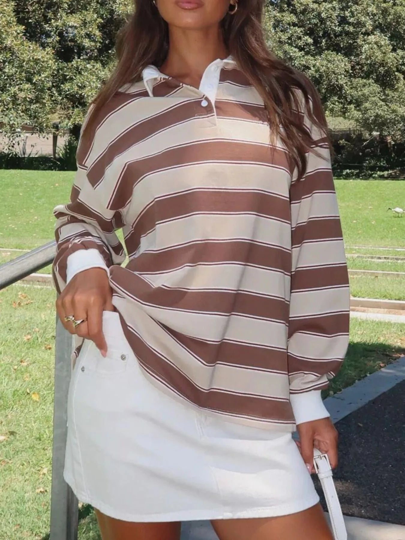 Sarah Express Women's Striped Button Detail Long Sleeve Polo