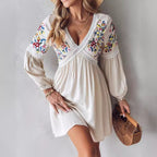 Women's Embroidered V-Neck Casual Maxi Dress Mid Waist Regular Sleeve