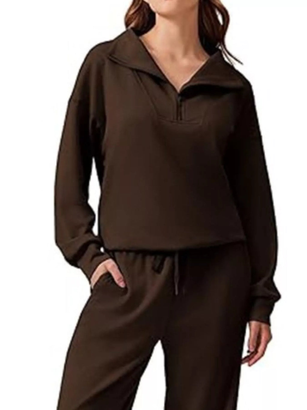 Sarah Express Women's Zip Collar Dropped Shoulder Top and Pants Set