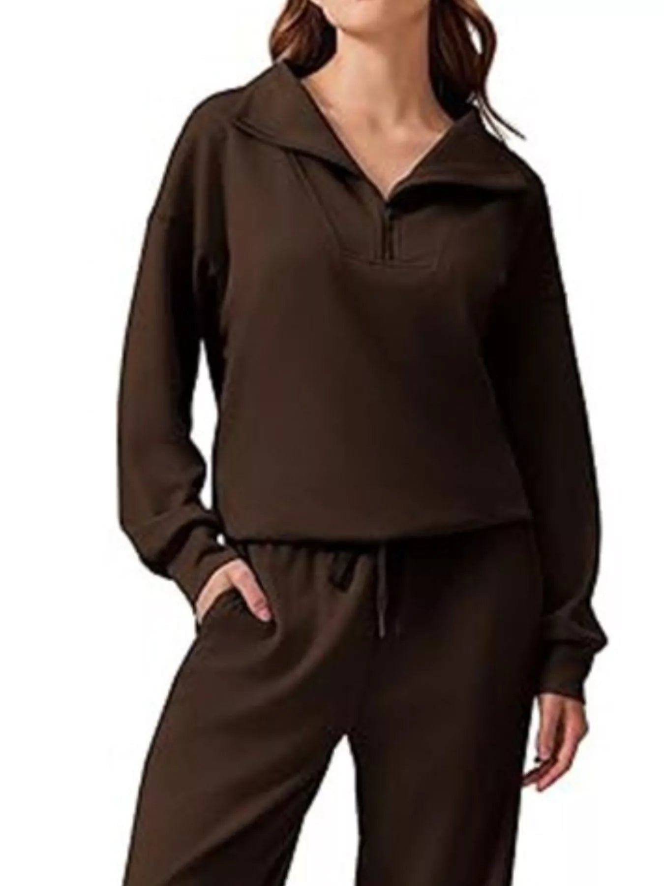 Sarah Express Women's Zip Collar Dropped Shoulder Top and Pants Set
