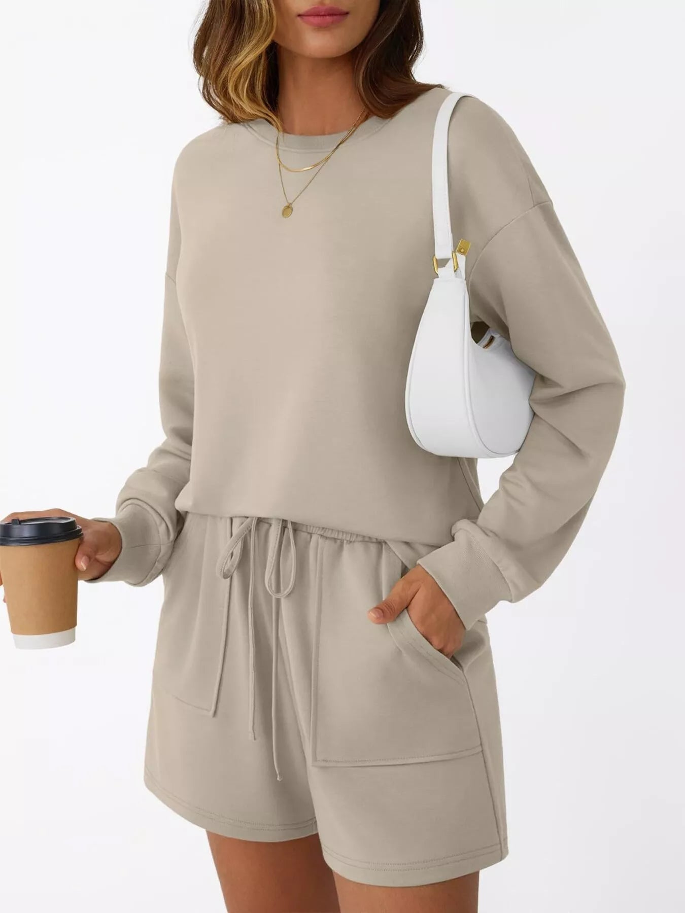 Sarah Express Women's Round Neck Long Sleeve Top and Shorts Set - Two Piece Loungewear Apricot