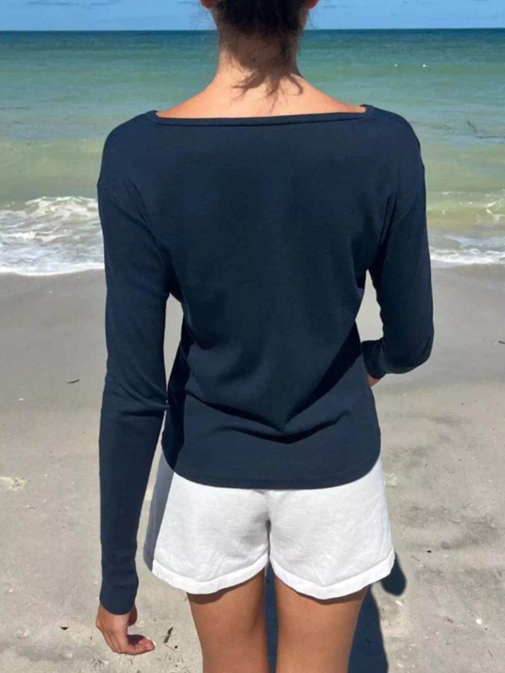 Sarah Express Women's Striped Long Sleeve Henley T-Shirt