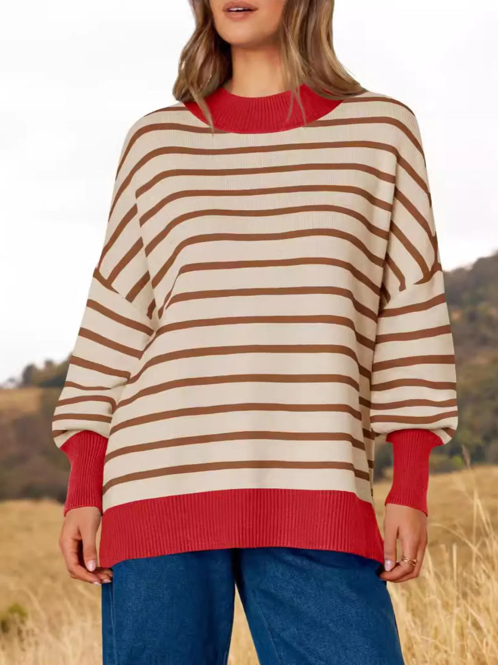 Sarah Express Women's Striped Round Neck Long Sleeve Sweater - Oversized Fit