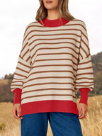 Sarah Express Women's Striped Round Neck Long Sleeve Sweater - Oversized Fit
