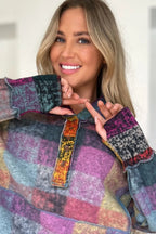 Sarah Express Women's Plaid Dropped Shoulder Fleece Hoodie