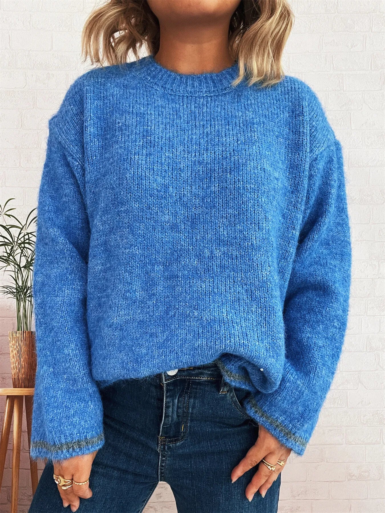 Sarah Express Women's Contrast Trim Round Neck Cozy Sweater Blue One Size