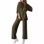 Two Piece Pullover Top Wide Leg Pants Set Polyester