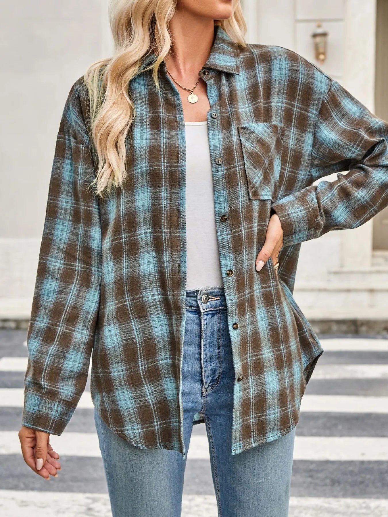 Sarah Express Women's Plaid Button Up Long Sleeve Shirt - Oversized Casual Top