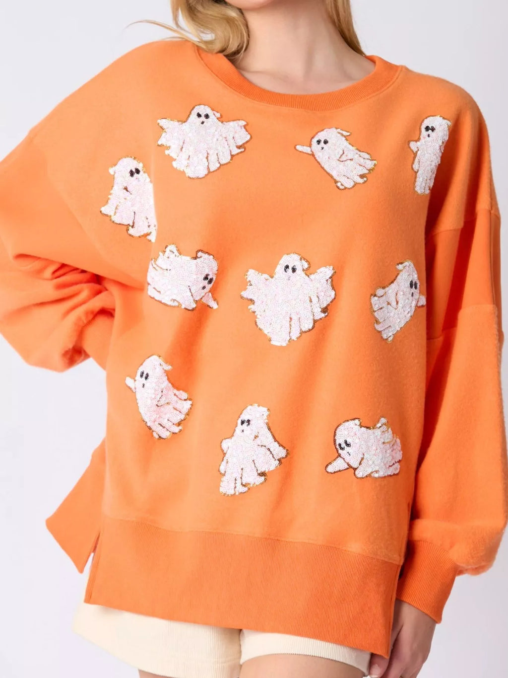 Sarah Express Women's Halloween Sequin Ghost Oversized Sweatshirt Orange