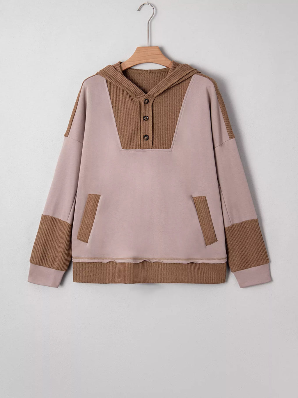 Sarah Express Women's Oversize Waffle Patchwork Exposed Seam Casual Hoodie