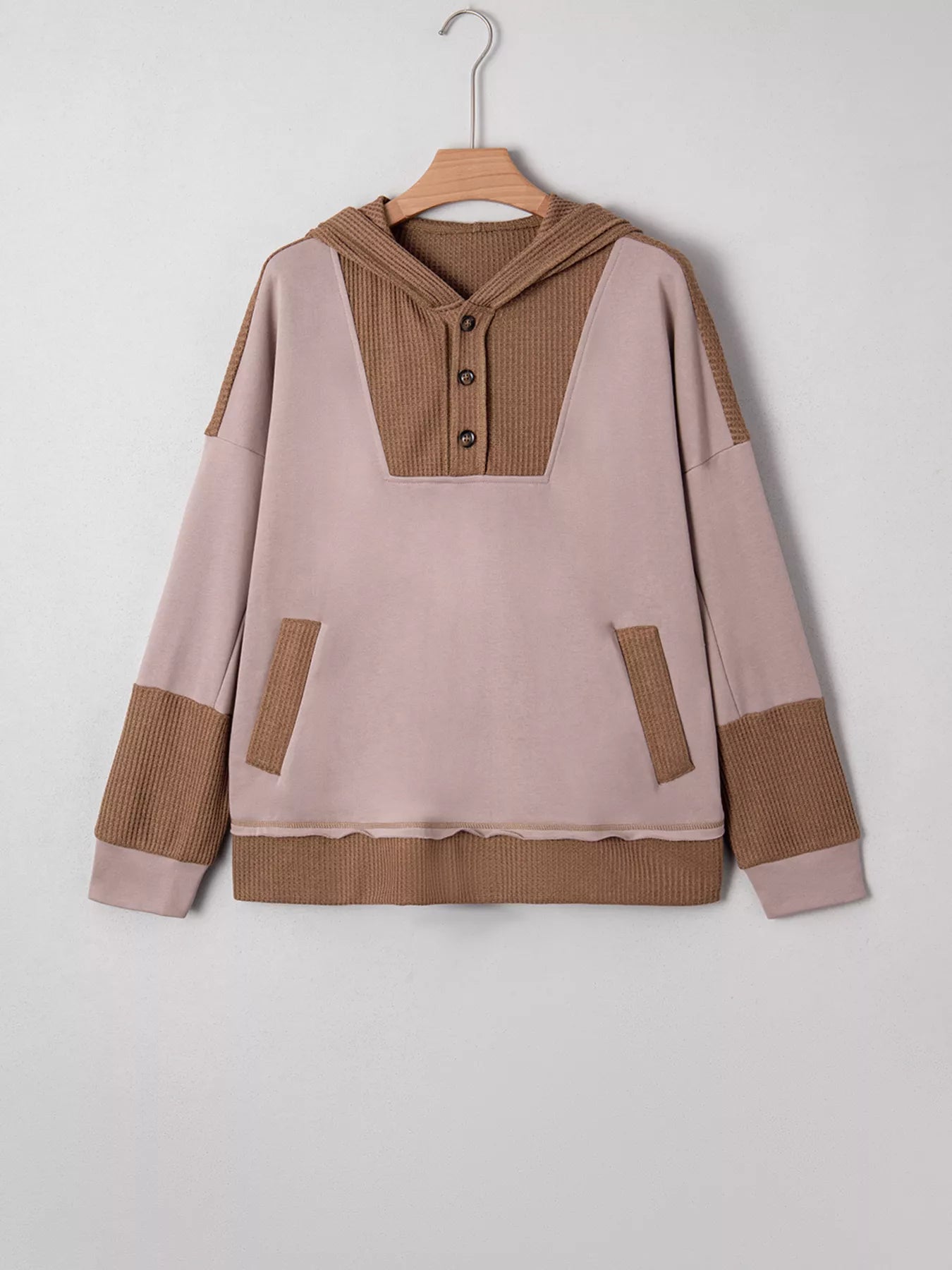 Sarah Express Women's Oversize Waffle Patchwork Exposed Seam Casual Hoodie