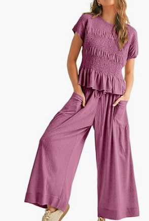 Pleated Top Wide Leg Pants 2-Piece Matching Set