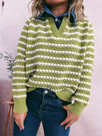 Sarah Express Women's Contrast Striped Sweater with Denim Collar - Openwork Knit Pullover