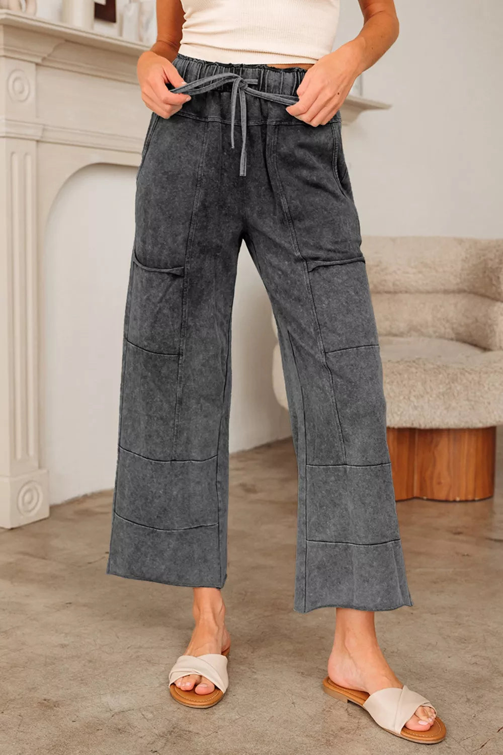 Sarah Express Women's Mineral Wash Lace-up High Waist Raw Hem Patched Pocket Pants Dark Gray