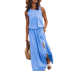 Women's Sleeveless Round Neck Dress with Side Split Solid Color