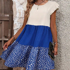 Color Block Floral Print Dress Ruffle Detail Pullover