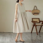 Women's Cotton Linen V-Neck Sleeveless Midi Dress Japanese Style Loose Fit Summer