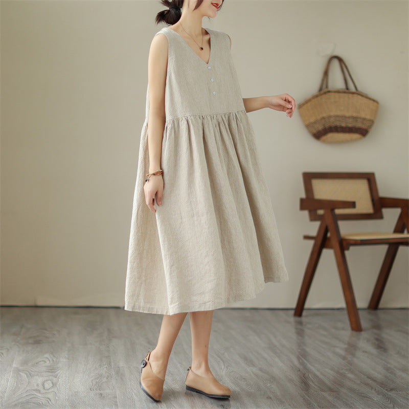 Women's Cotton Linen V-Neck Sleeveless Midi Dress Japanese Style Loose Fit Summer