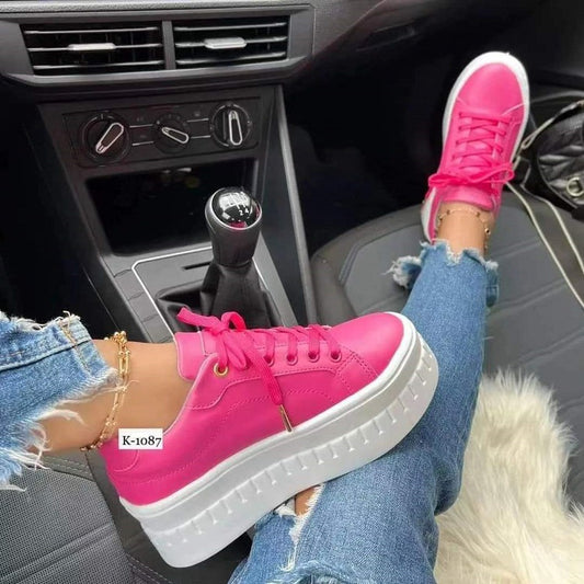 Sarah Express Women's Chunky Heel Lace-Up Ankle Boots | Patent PU Leather Platform Sneakers