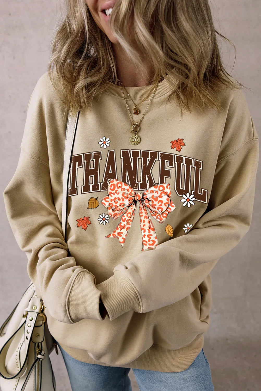Sarah Express Women's THANKFUL Bow Round Neck Long Sleeve Sweatshirt