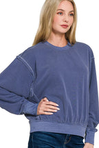 Sarah Express Women's Pigment Dye Fleece Pullover | Oversized Round Neck | Cotton Blend | S-L