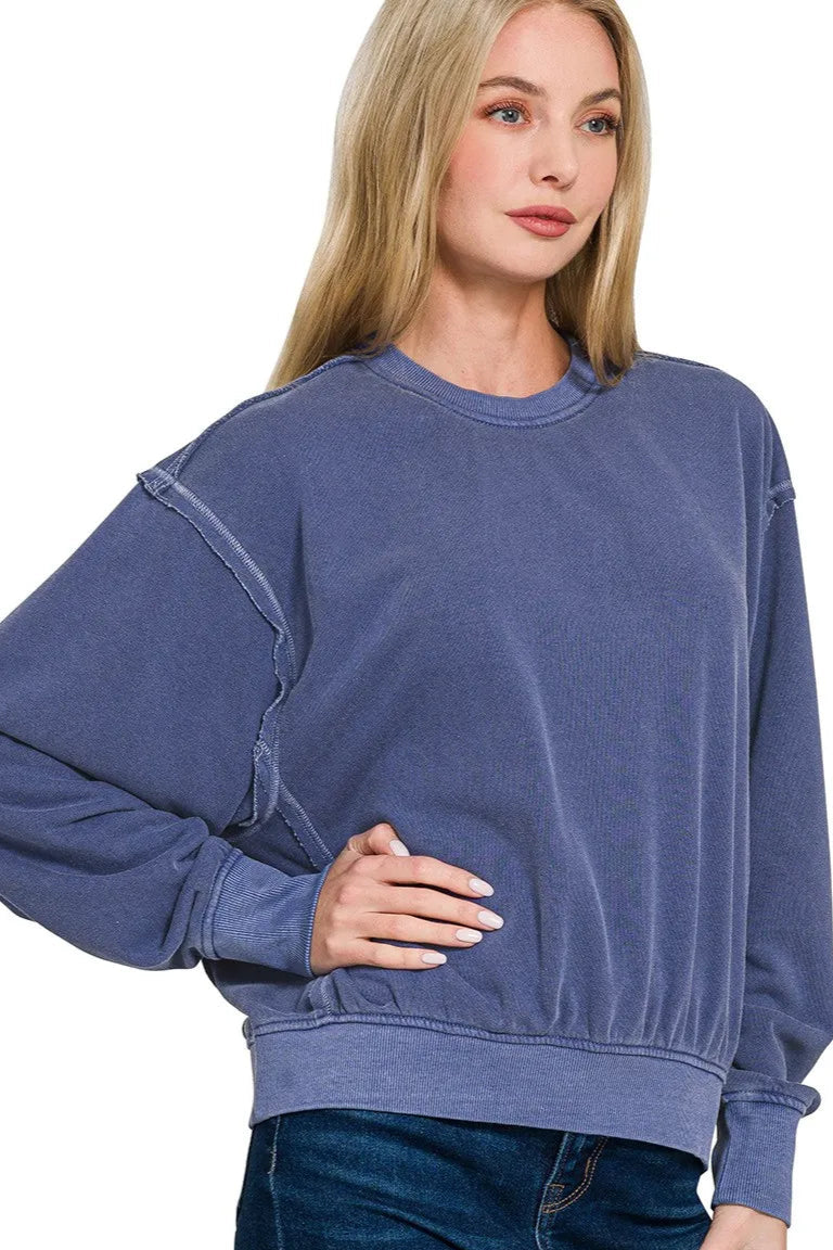 Sarah Express Women's Pigment Dye Fleece Pullover | Oversized Round Neck | Cotton Blend | S-L
