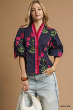 Sarah Express Women's Floral Print Ruffle Trim Puff Sleeve Blouse