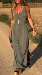 Women's V-Neck Cami Strap Maxi Dress Sleeveless Wide Waist Long Casual Summer Dress