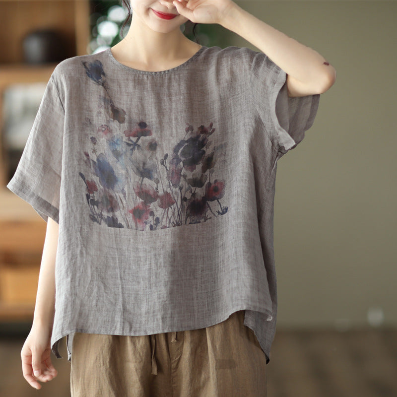 Vintage Ink Print High-Low Hem T-Shirt Hemp Blend Short Sleeve