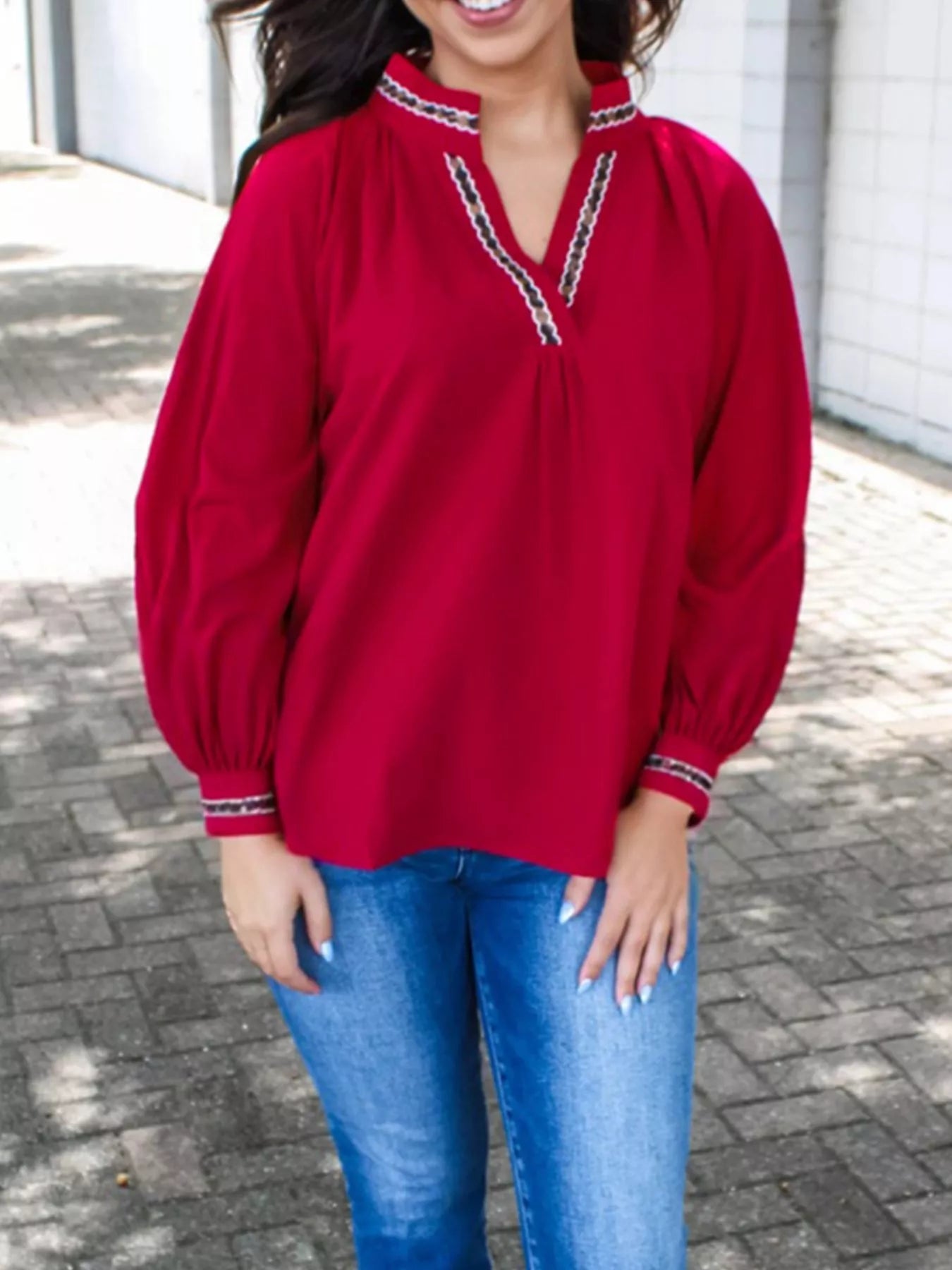 Sarah Express Women's Leopard Notched Long Sleeve Blouse Deep Red