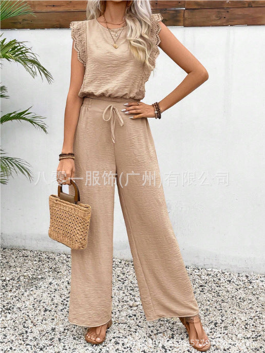 Sleeveless Vest Trousers Two Piece Set Lace Detail