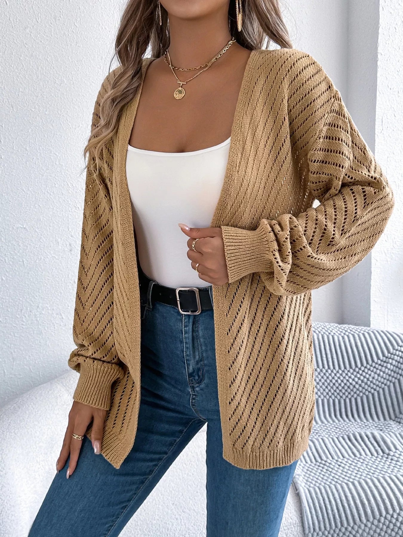 Sarah Express Women's Openwork Open-Front Long Sleeve Cardigan