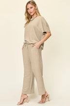 Sarah Express Women's Textured Short Sleeve Top and Pants Set - Two Piece Outfit