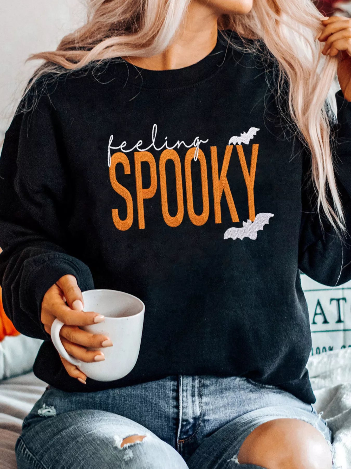 Sarah Express Women's Feeling Spooky Halloween Embroidered Sweatshirt Black