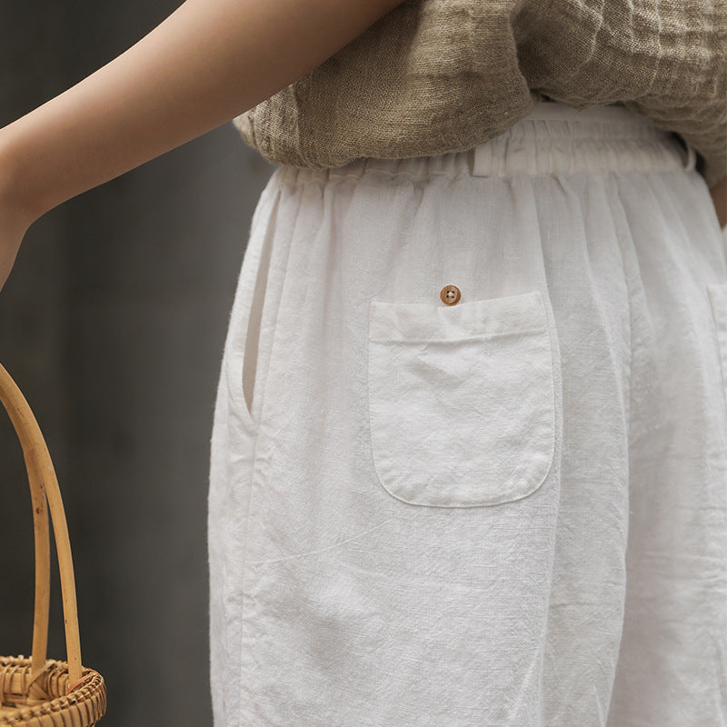 Women's Linen Cropped Pants - Washed Artistic Baggy Trousers with Embroidery & Belt