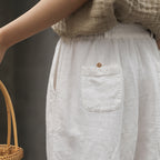 Women's Linen Cropped Pants - Washed Artistic Baggy Trousers with Embroidery & Belt