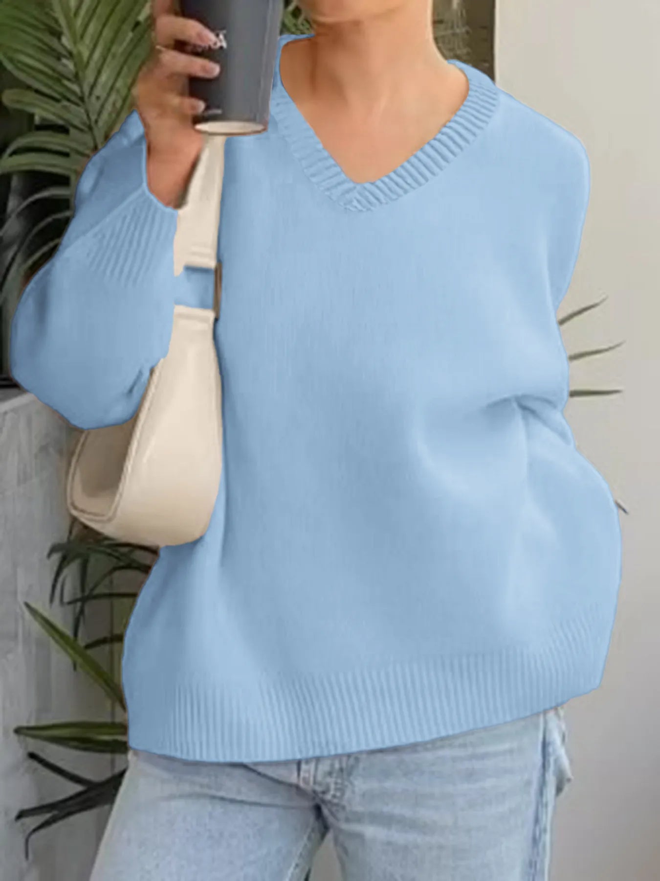 Sarah Express Women's V-Neck Long Sleeve Sweater - Oversized Ribbed Knit Pullover Light Blue